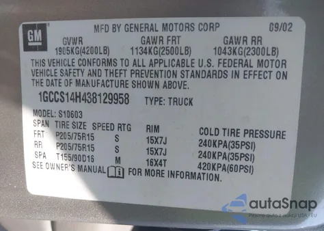 2003 Chevrolet S-10 Ls из США, поврежденный, VIN 1GCCS14H438129958